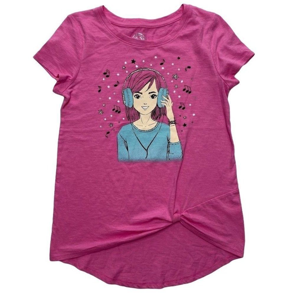 Girls So Pink Short Sleeve Knot Front T Shirt Top Music Headphones sz 12 NEW